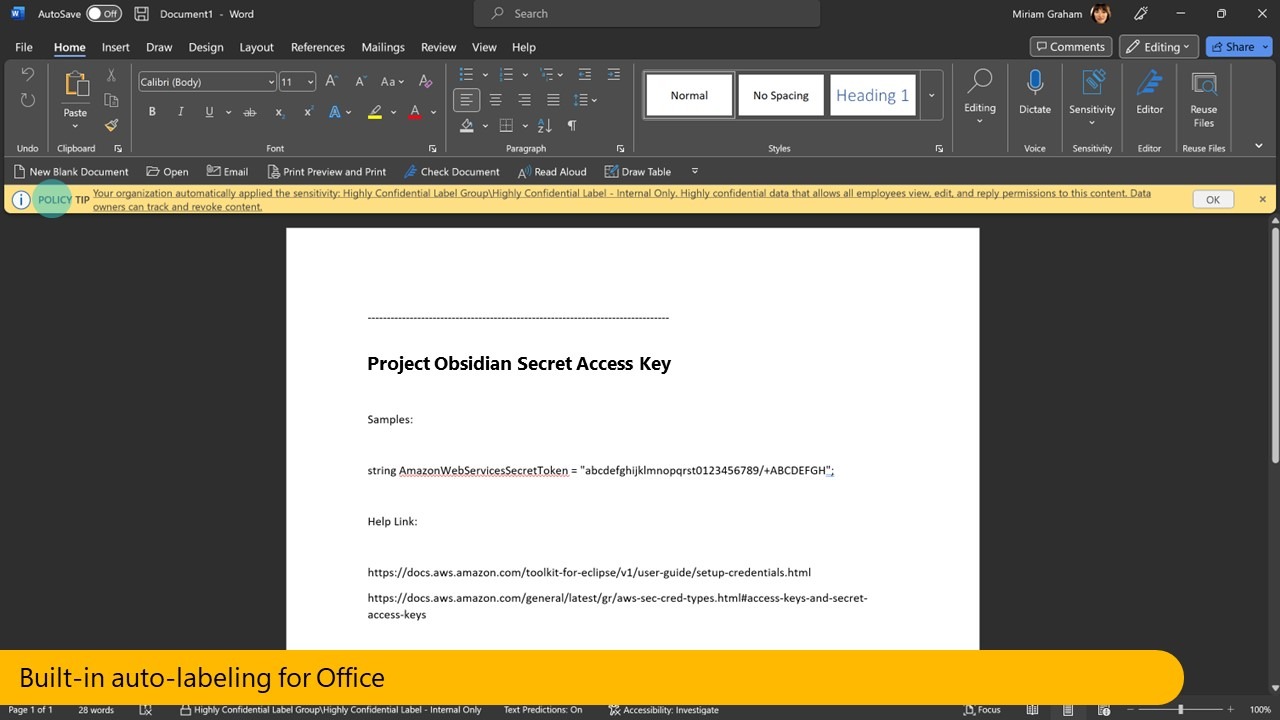 Microsoft Data Security slide 11 - screenshot of a Word document showing built-in auto-labelling for Microsoft Office.