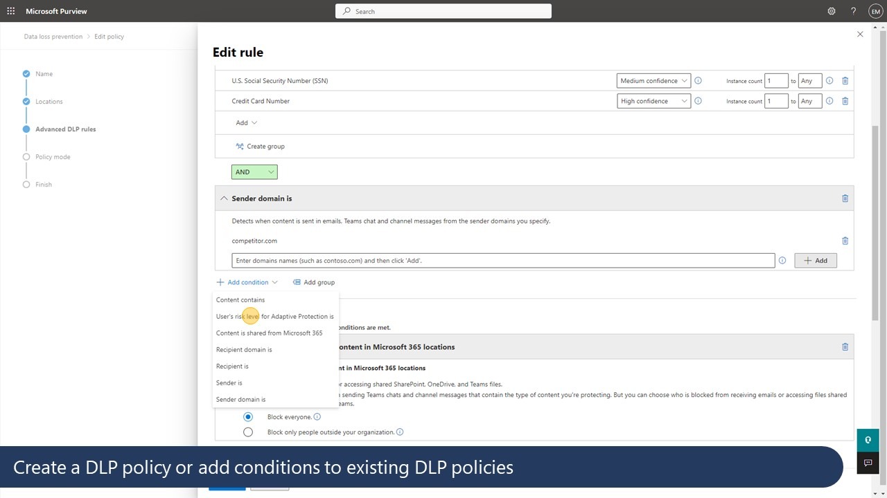 Microsoft Data Security slide 12 - screenshot of the DLP policy creation screen in Microsoft Purview, showing how rules can be created, and conditions configured, e.g. content contains sensitive information or sensitivity label, content is shared from Microsoft 365 (internally or externally), recipient domain is, etc.