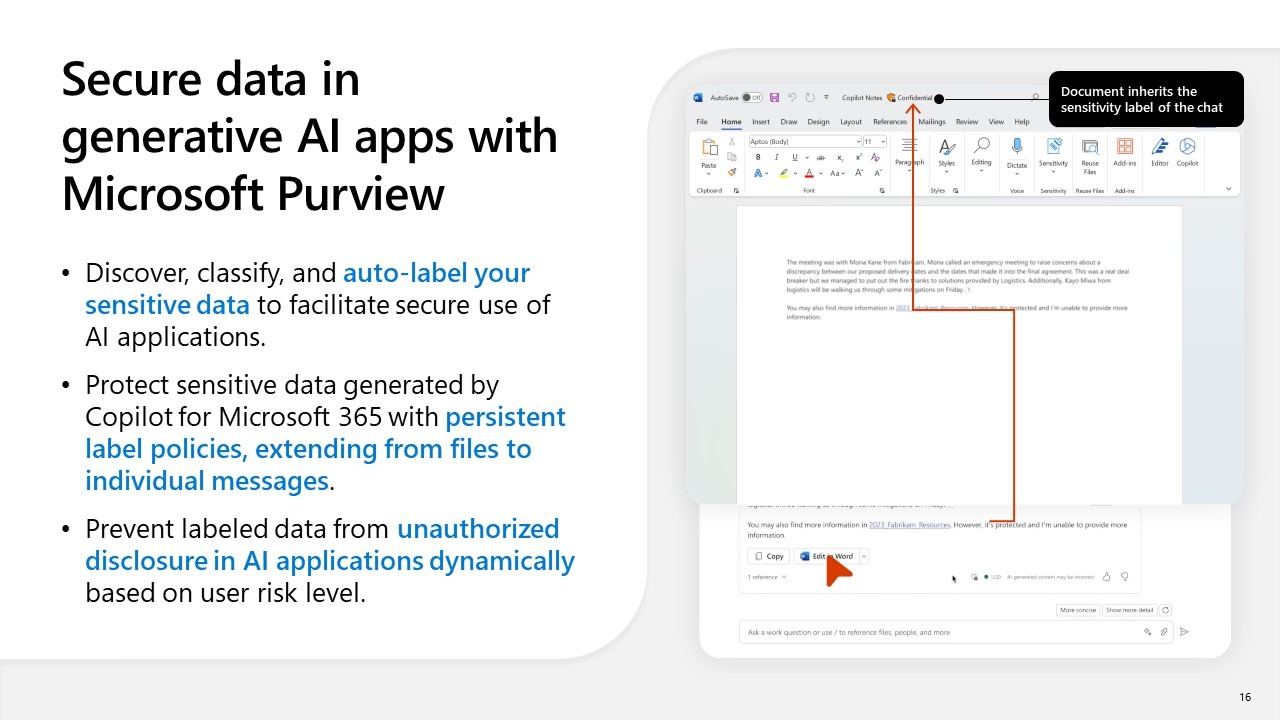 Microsoft Data Security slide 9 - secure data in generative AI apps with Microsoft Purview. Apply sensitivity labels, auto-label and encrypt files, prevent AI from extracting information from labelled files.