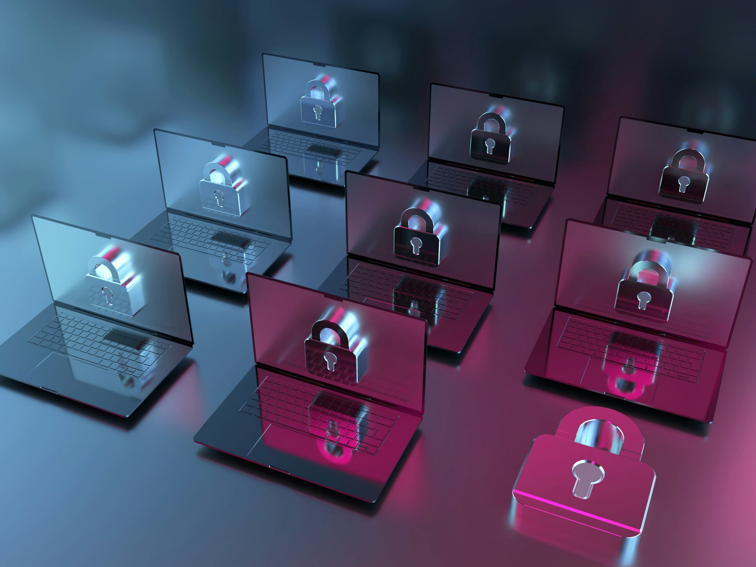 Cyber security review grant - Graphic visual, isometric view of rows of laptops with a lock symbol on each screen, in a dimly lit room with blue and red lighting.