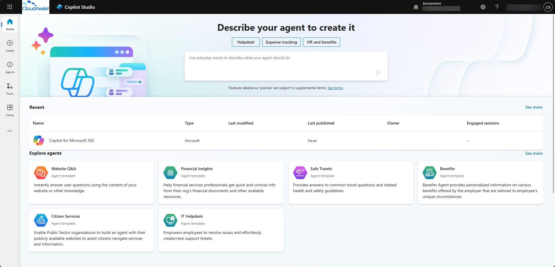 Screenshot of Copilot Studio portal, showing different templates of Copilot agents.